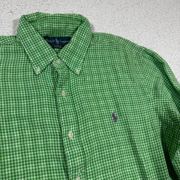 Ralph Lauren Shirt Mens Large Custom Green White Gingham Cotton Gauze Preppy - Picture 2 of 6